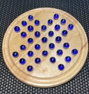 The Classic Collection Wooden Solitaire Game with Iridescent Blue Marbles 9” - Picture 1 of 6
