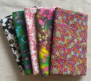 Lot Of 5 Quilting Fat Quarters 100% Cotton Fabric Bundle 18”x22” Floral Batik - Picture 1 of 6