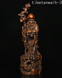 Statua Dio Vecchio 9"in Legno di Bosso Cinese Intaglio Porta Pesca Longevità - Foto 1 di 8