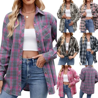 Womens Check Blouse Casual Loose Lapel Shacket Tops Shirts Coat Button Oversized - Image 1 of 4