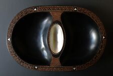 Rare Old Tribal Carved Ebony Double Bowl w/ Mother of Pearl Inlay Fiji 35cm Long