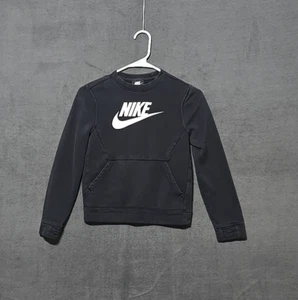 Nike Youth Size Small Black Swoosh Logo Pullover Sweatshirt Crewneck Pockets EUC - Picture 1 of 9