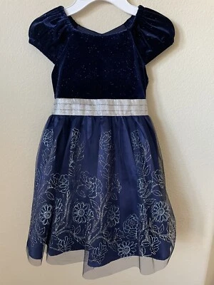 Vestido para niñas Jona Michelle azul plateado brillante manga gorra plisado forrado talla 5 Foto 1 de 4