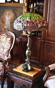 Antique Large Tiffany Style Dragonfly Table Lamp Bronze Ceramic Stand 40"H 21"W - Picture 1 of 11