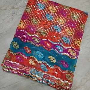 Ancienne écharpe indienne cachemire dupatta paillettes broderie main Georgett... - Photo 1/7