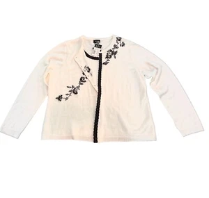 R.Q.T Cardigan Sweater Set Women LARGE White & Black Trim 100% Acrylic Knit NEW - Picture 1 of 19