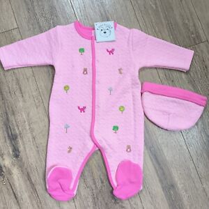 Baby Girls 3-6 Months Pink Woodland Themed Sleepsuit & Hat Set Outfit Gift