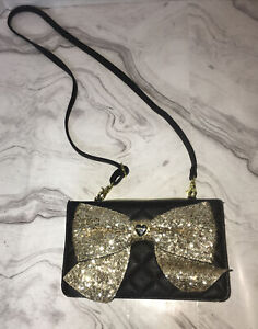 Betsey Johnson Black With Huge Gold Bow Triple Compartment Crossbody/ Clutch