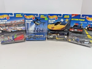 Mattel Hot Wheels Action Pcks Lot of4-Police Force, Sky , Solar&Drag Race,  NIB - Picture 1 of 10