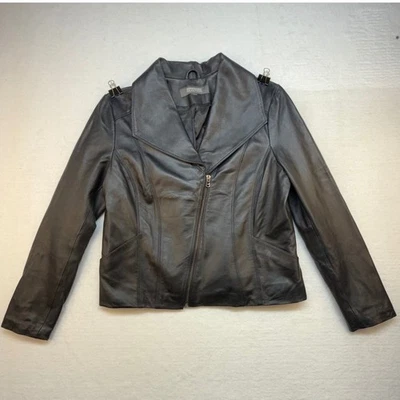 Kenneth Cole Reaction Black Motorcycle Leather Jacket Large biker mob wife - Image 1 of 4