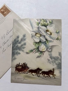 VTG 1948 Floral Stagecoach Christmas Greeting Card by Artistic - Picture 1 of 3