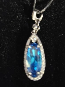 925 Sterling Silver Milor Italy Pendant Blue Tourmaline And Cz Necklace 18" - Picture 1 of 2