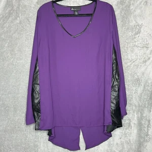 Lane Bryant 20 1X Top Shirt Purple Solid Long Sleeve V Neck Faux Leather Trim - Picture 1 of 7