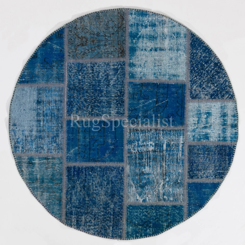 Round Handmade Turkish Patchwork Rug, Circular Contemporary Wool & Cotton Carpet - Image 1 of 1