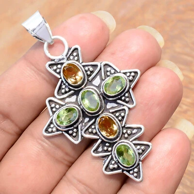Peridot Cut & Citrine Gemstone 925 Sterling Silver Cross Easter Based Pendant - Image 1 of 4