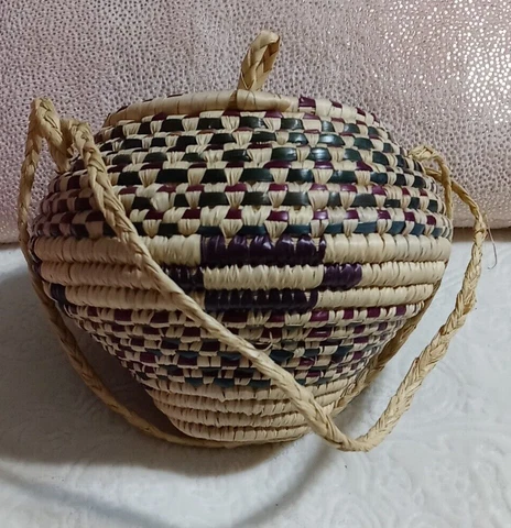 Vintage Hand Woven Coiled Hanging Basket & Lid Boho Natural Fiber Aztec African Cover