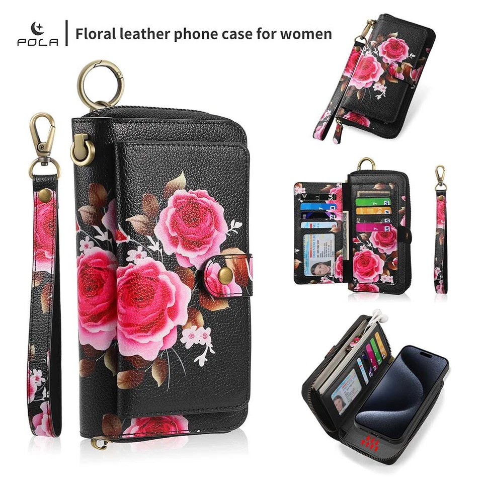 Floral Handbag Wallet Removable Magnetic Cover For iPhone 15 Pro Max XR X/XS 7/8 - Image 1 of 4