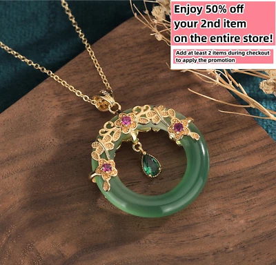 Jade Crystal Pendant Necklace Charm 18K Gold Plated Donut Ring Dainty Gemstone - Image 1 of 4