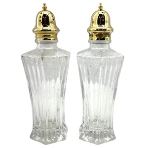 Set of 2 Salt & Pepper Shakers Ribbed Clear Glass Gold Tone Tops Kitchenware - Picture 1 of 11