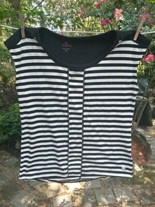 TALBOT'S Ladies, Women's Top, Size Sp, Black/White Striped, Asymmetrical Sleeve - Picture 1 of 5