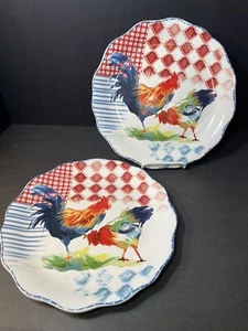 Pier 1 Ironstone Country Rooster Chicken 2 Dinner Plate Country Farmhouse 11" - Picture 1 of 8