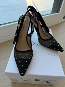 DIOR J'Adior Slingback Pumps Plumetis and Stud Black/Gold 10cm Heel 39.5 US 9.5 - Picture 1 of 21