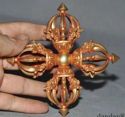 Old Tibet Buddhism bronze 24K gold gilt Dorje Phurpa Pestle Vajra Pendant amulet - Image 1 of 4
