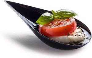 100 4-In Tear Drop Mini Appetizer Plates, Reusable Black Plastic Spoons - Desser - Picture 1 of 12