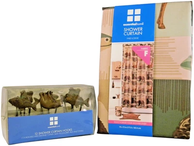 Wild Lodge Fabric Shower Curtain & Set/12 Metal Hooks 70" x 72" Bear Fish Deer - Image 1 of 4