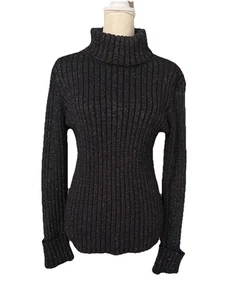 INC International Concepts Black & Silver Metallic Turtleneck Sz L Wool Blend - Picture 1 of 12