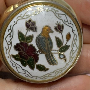 Vintage runde Form Cloisonne Pillen-/Schmuckdose Vogel Blumen goldfarbene Tasche 1,5" - Bild 1 von 8