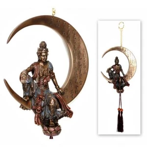 KWAN YIN WATER & MOON DREAM CATCHER Nappa Appesa Bronzo Resina Statua Quan Guan - Foto 1 di 7