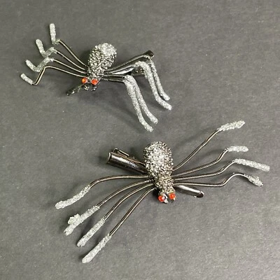 2x Frosted Metal Spider Hair Clips Barrettes Red Rhinestone Eyes Spring Legs - Image 1 of 4