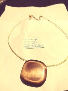modern gold tone bronze/brown shiny glass square pendant 17"wire choker necklace