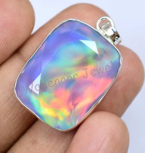 Raro 38.65 KT Aurora Opale Ovale 925 Pendente Argento Sterling Certificato - Foto 1 di 9