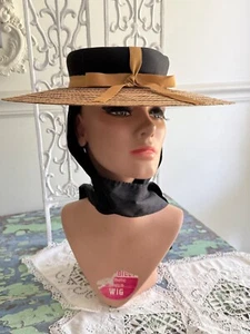 NWT Vintage Wide Brim Straw Hat w/ Bow By Penneys 20” Elegant - Picture 1 of 17