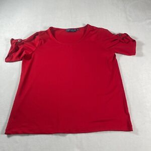 Susan Graver Shirt Womens Extra Large Red Button Tab Sleeve Style Neck Pullover