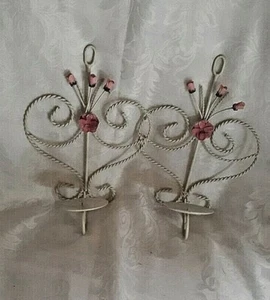 Iron Wall Sconce with Roses White Votive Pillar Candle Holder Vintage 2 Pieces - Picture 1 of 3