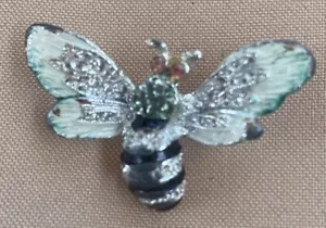 Spilla Spilla Bumblebee Vintage Tono Argento Accenti Ala Verde Rosa Strass Occhi - Foto 1 di 4
