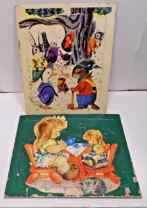 Vintage 2 Inlaid Puzzles 1 Easter Bunny/Spring Puzzle 1 Child Serving Tea Party - Picture 1 of 12