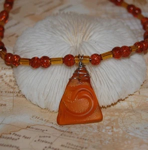 Wire Wrapped Amber Yellow Faux Sea Glass Necklace 19" Handmade Beaded Jewelry - Picture 1 of 3