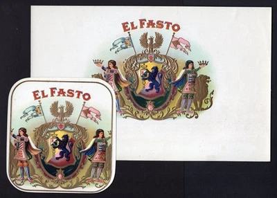 Antigua etiqueta original de cigarros EL FASTO (par) - CRESTA ORNAMENTADA - LEONES DORADOS - CORONAS Foto 1 de 4