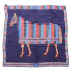 Auth Hermes Carre 90 Washed Silk Scarf FAVORI DU FAUBOURG Horse Blue (201247