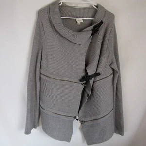 Witchery XL Grey Wool Blend Knit Cardigan Metal Zippers Leather Straps Heavy - Picture 1 of 14