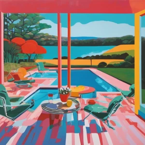 Midcentury Pop Art Scene Art Deco 95x95cm Lake View Pool Summer Landscape N35 - Picture 1 of 2
