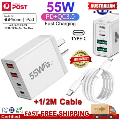 55W 4 Port USB-C PD Fast Charging Wall USB A Charger Power Adapter Type-C Brick - image 1 of 4