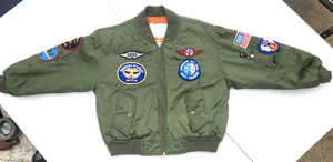 Flightline Kids Flight Bomber Jacket Army Green With 15 Patches Size 8 Small - Picture 1 of 11