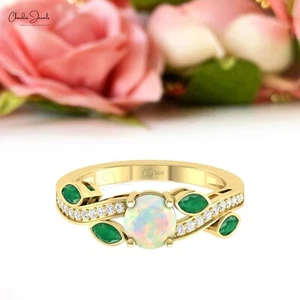 Natural Opal & Emerald Floral Ring 14k Real Gold Diamond Wedding Engagement Ring - Picture 1 of 27