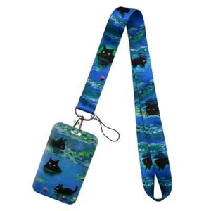 Art Mash Up Black Cat & Monet Waterlilies ID Pass Card Holder & Lanyard Strap - Picture 1 of 5