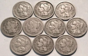 Lot (10) Three Cent Nickels 1865 1866 1868 1870 1872 1876 Better Type 3CN Coins - Picture 1 of 7